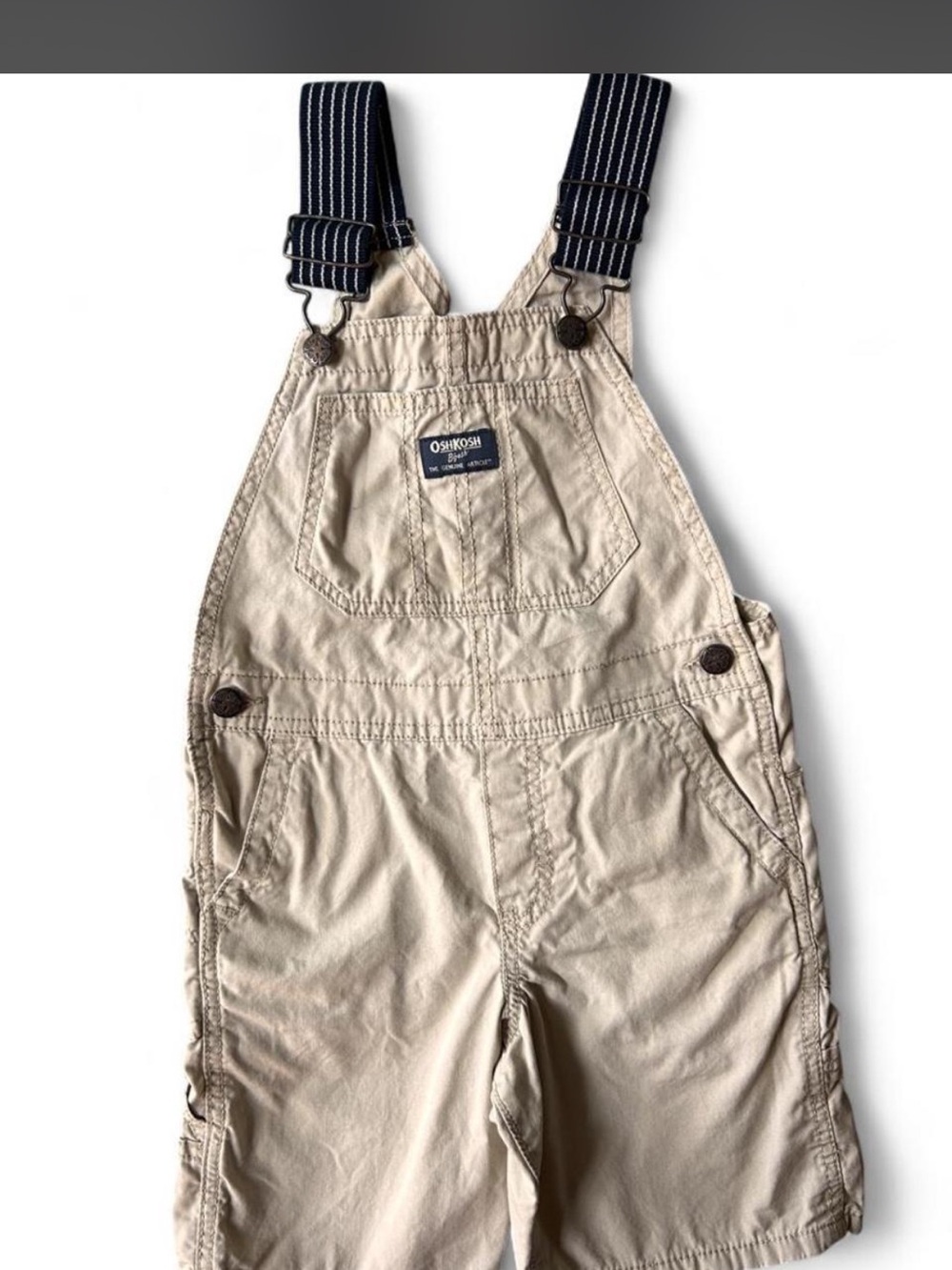 OshKosh B'gosh Beige Shortall Overalls with Navy Striped Straps